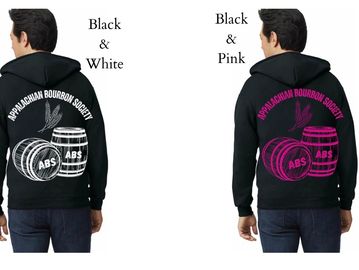 Two hoodies with Appalachian Bourbon Society logo in black & white and black & pink.