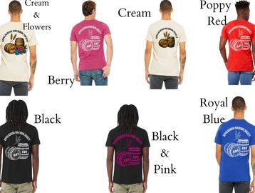 Men's t-shirts in various colors with a logo on the back.