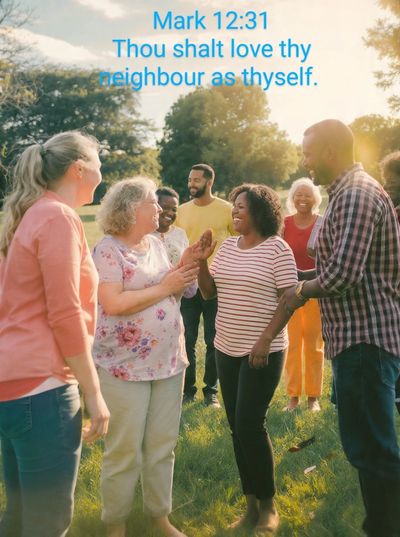 A diverse group joyfully interacting outdoors with a biblical quote about love and neighborly kindness.
