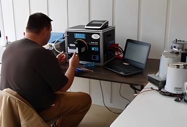 Technician analyzing equipment on laptop.