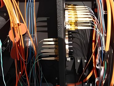 Complex network cable wiring connections.