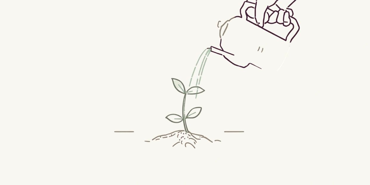 Hand watering a small plant sprout in soil.