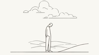 Minimalist line drawing of a person looking down with clouds above.