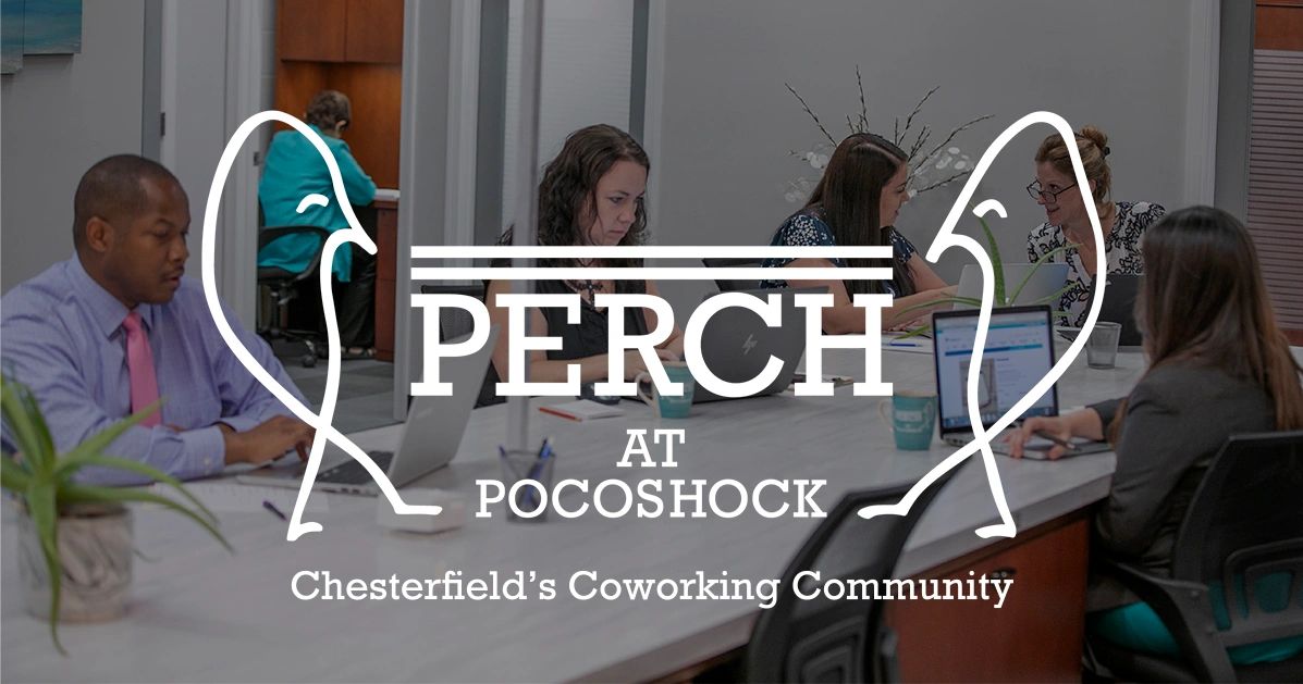 background image of members working at the the commons work area. Overlay of Perch At Pocoshock logo