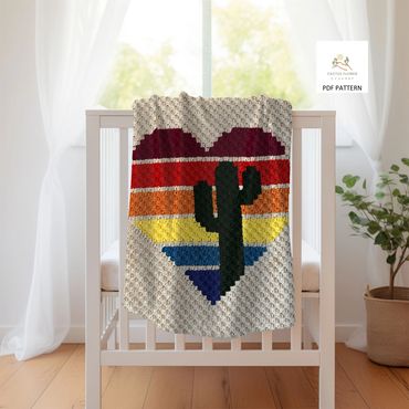 baby blanket with five color striped heart with a single saguaro in the middle of it