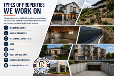 Various types of properties including homes, hillsides, basements, and commercial structures.