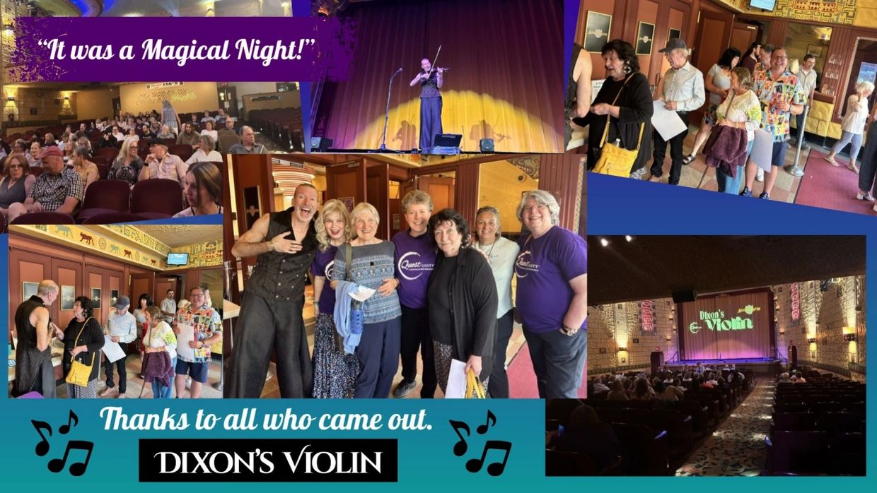Collage of joyful moments from Dixon's Violin magical night event with audience and performers.