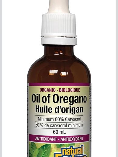 Bottle of organic oregano oil with antioxidant properties.