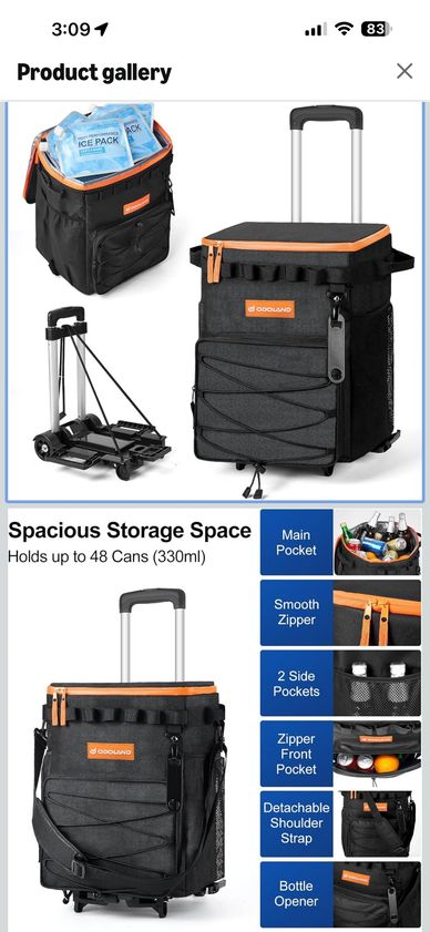 Black rolling cooler bag with multiple pockets and detachable shoulder strap.