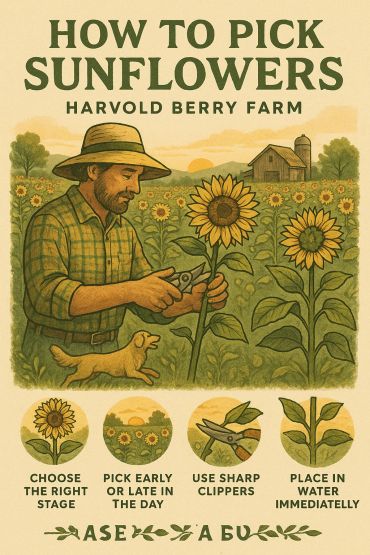 Illustrated guide on how to pick sunflowers at Harvold Berry Farm.