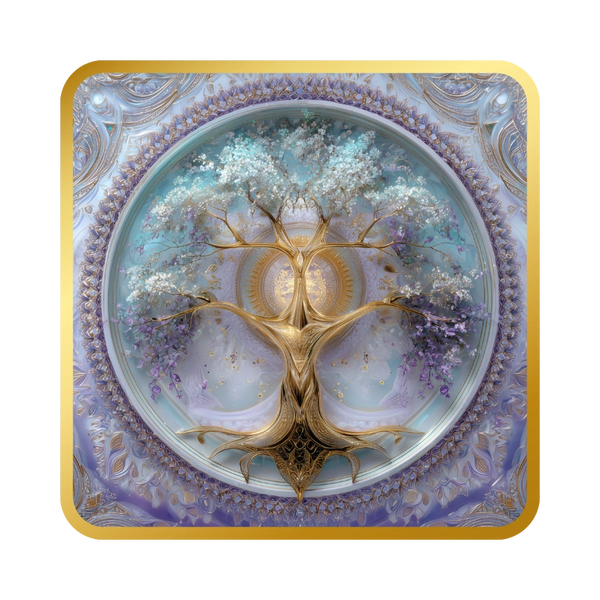 Golden tree with delicate blossoms in an ornate circular frame.