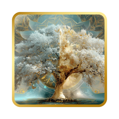 Artistic tree with blue and golden white foliage on a mystical patterned background.