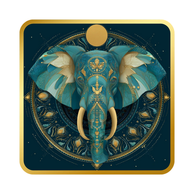 Ornate blue and gold elephant head with intricate patterns and celestial motifs.
