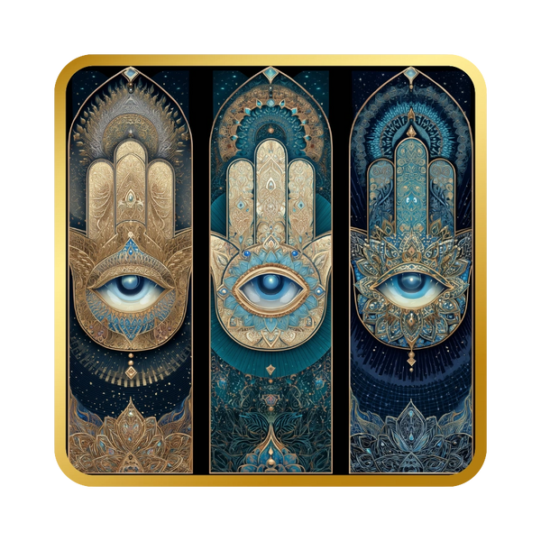 Intricate Hamsa hands with central eyes in gold and blue tones.