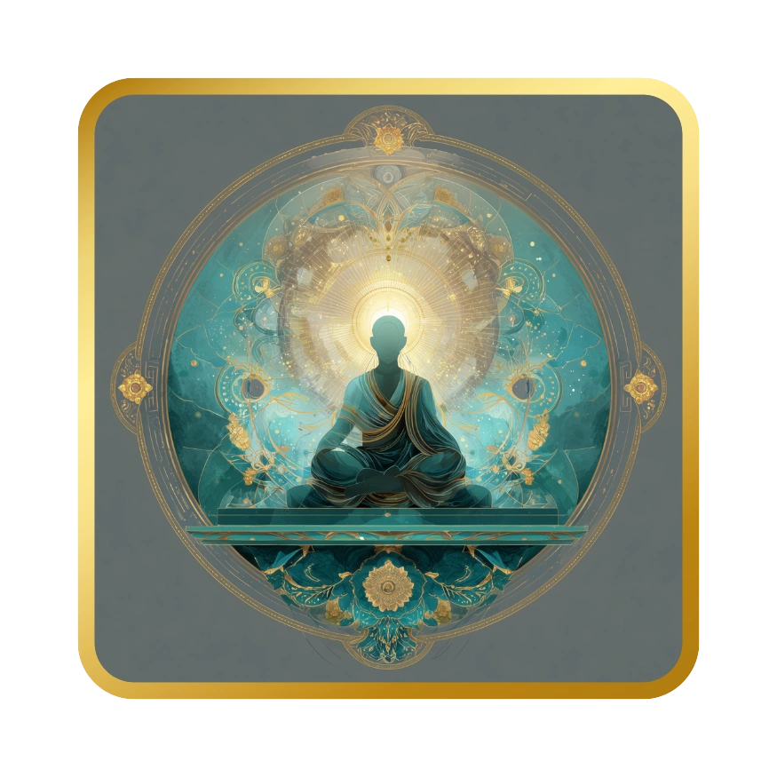 A serene figure meditates, surrounded by radiant, intricate golden and turquoise patterns.