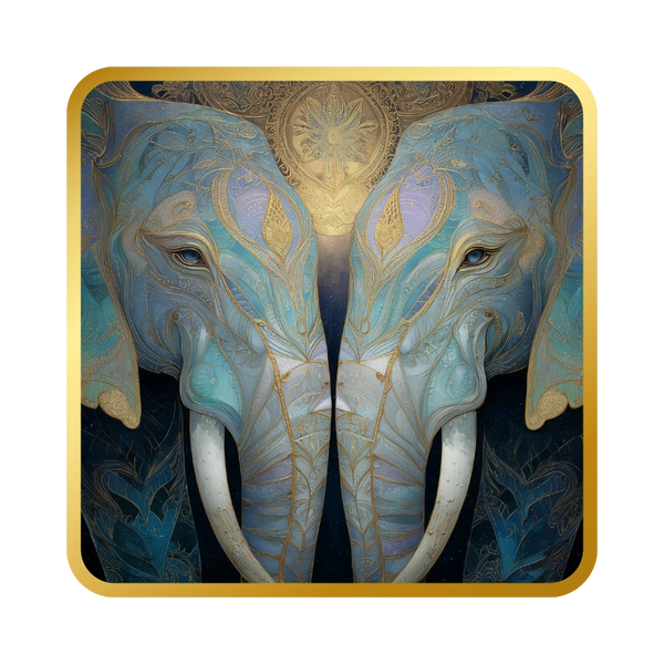 Two intricately designed blue elephants facing each other with golden accents.