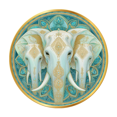 Intricate artwork of three white elephants with golden patterns on a teal mandala background.