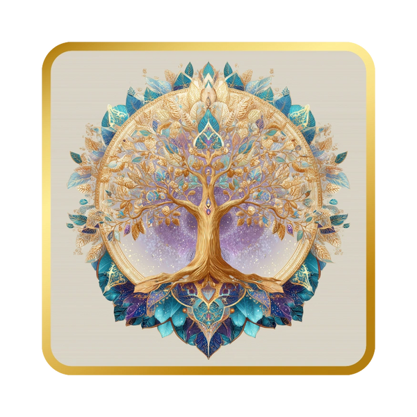 Intricate golden tree of life with blue and purple leaves in a circular frame.