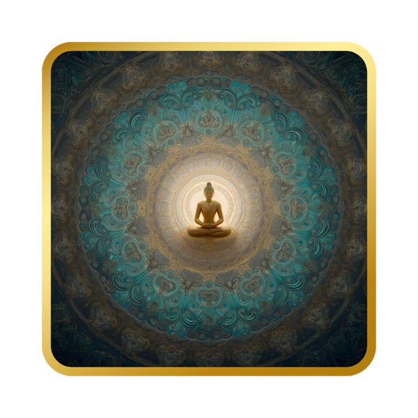 Golden Buddha statue centered in an ornate, glowing mandala pattern.