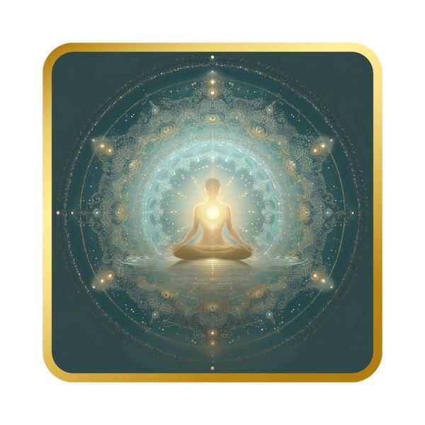 Meditative figure glowing with intricate mandala aura, symbolizing spiritual enlightenment.
