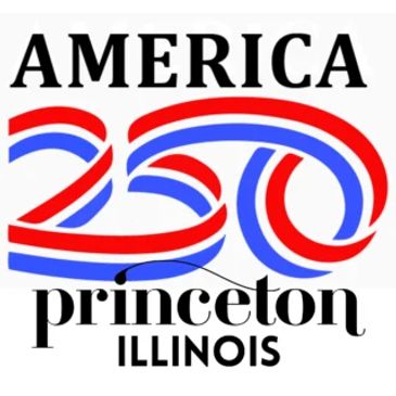 Logo for America 250 celebration in Princeton, Illinois with red, white, and blue design.