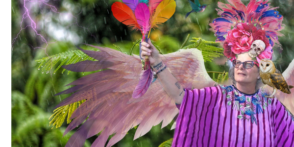 Woman with colorful feathers, floral headdress, owl, and wings in a rainy, lightning-filled forest.