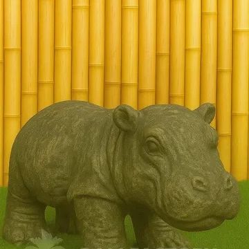 A small hippo sculpture on green grass with bamboo background.