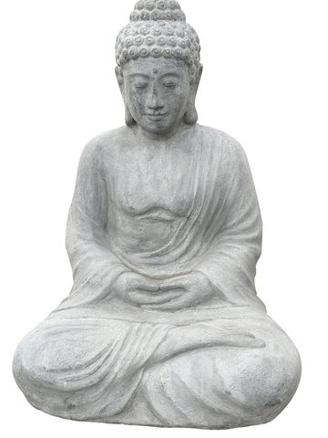 Gray stone Buddha statue seated in meditation with calm expression.