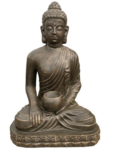 A serene Buddha statue in meditation holding a bowl.
