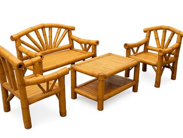 Bamboo furniture set with two chairs, a loveseat, and a coffee table.
