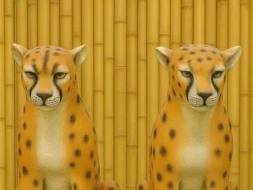 Two seated cheetah statues with a bamboo wall backdrop.