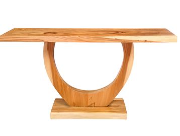 Modern wooden console table with a curved base design.