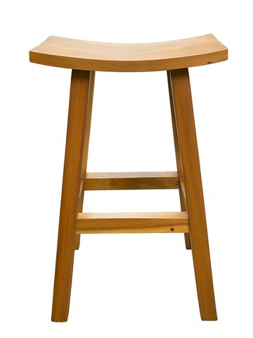 Simple wooden stool with a curved seat and four legs.