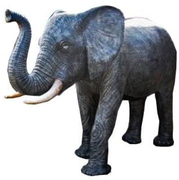 A realistic elephant statue with raised trunk and detailed texture.
