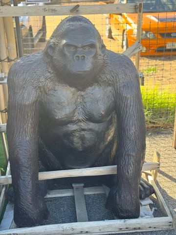 Large realistic gorilla statue in a wooden crate outdoors.