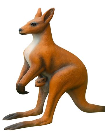 A kangaroo statue with a joey in its pouch against a white background.