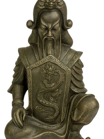 Bronze statue of a seated warrior with detailed armor and dragon motif.