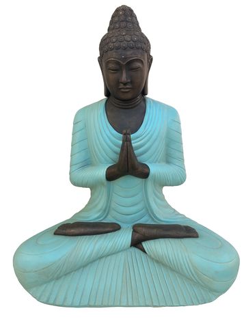 A serene Buddha statue in blue robes with hands in prayer position.