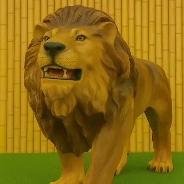 Realistic lion statue with detailed mane on green grass against bamboo backdrop.