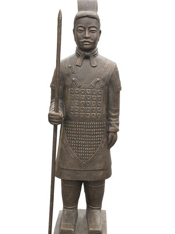 Statue of a warrior holding a spear, wearing traditional armor.