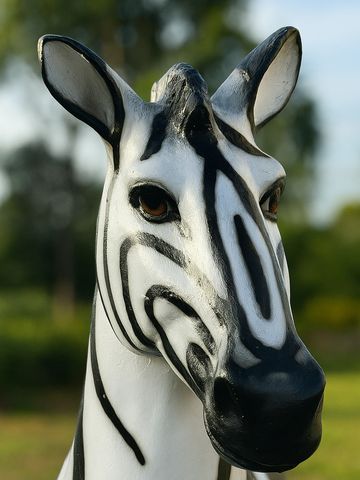 Close-up of a zebra statue with detailed black and white stripes.