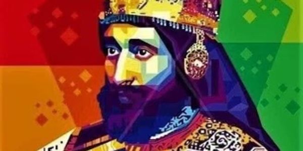 Colorful geometric portrait of a regal figure with a crown.