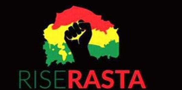 Black fist over Rasta colors with text 'RISE RASTA'.