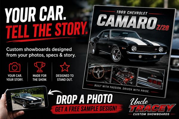Custom showboards designed from your car photos, specs, and story.