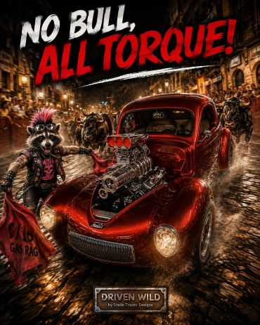 Punk raccoon with red hot rod and bulls in a wild chase.