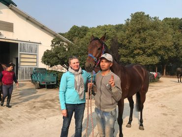 Two people standing with a brown horse outside a stable on a sunny day.