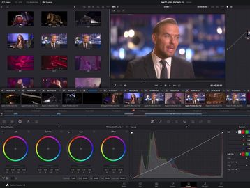 Video editing software interface showing color grading and a man speaking.