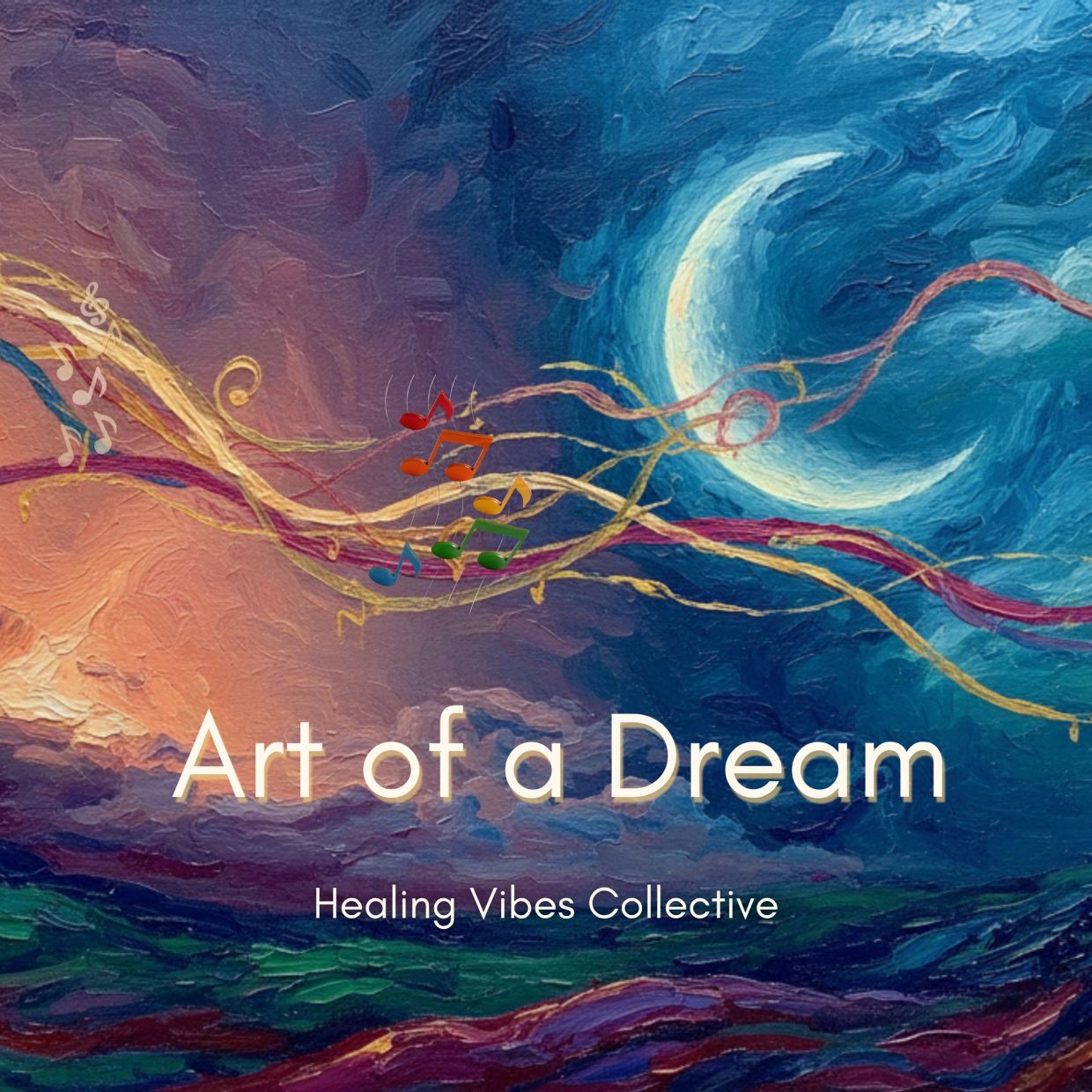 Dreamy night sky with musical notes and crescent moon.