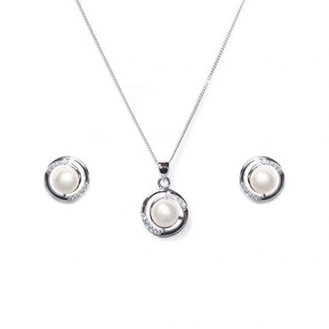 Silver, crystal and pearl necklace and earrings set