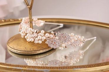 Rose gold, blush pink pearl and crystal leaf design tiara